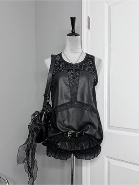 BCBG MAXAZRIA Black Studded Leather Panel Sheer Lace Sleeveless Top